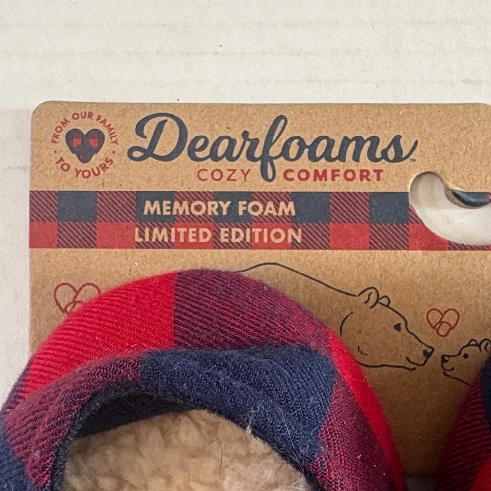 Dearfoams Baby Bear Red Blue Plaid Baby Slippers Memory Foam Size 3/4